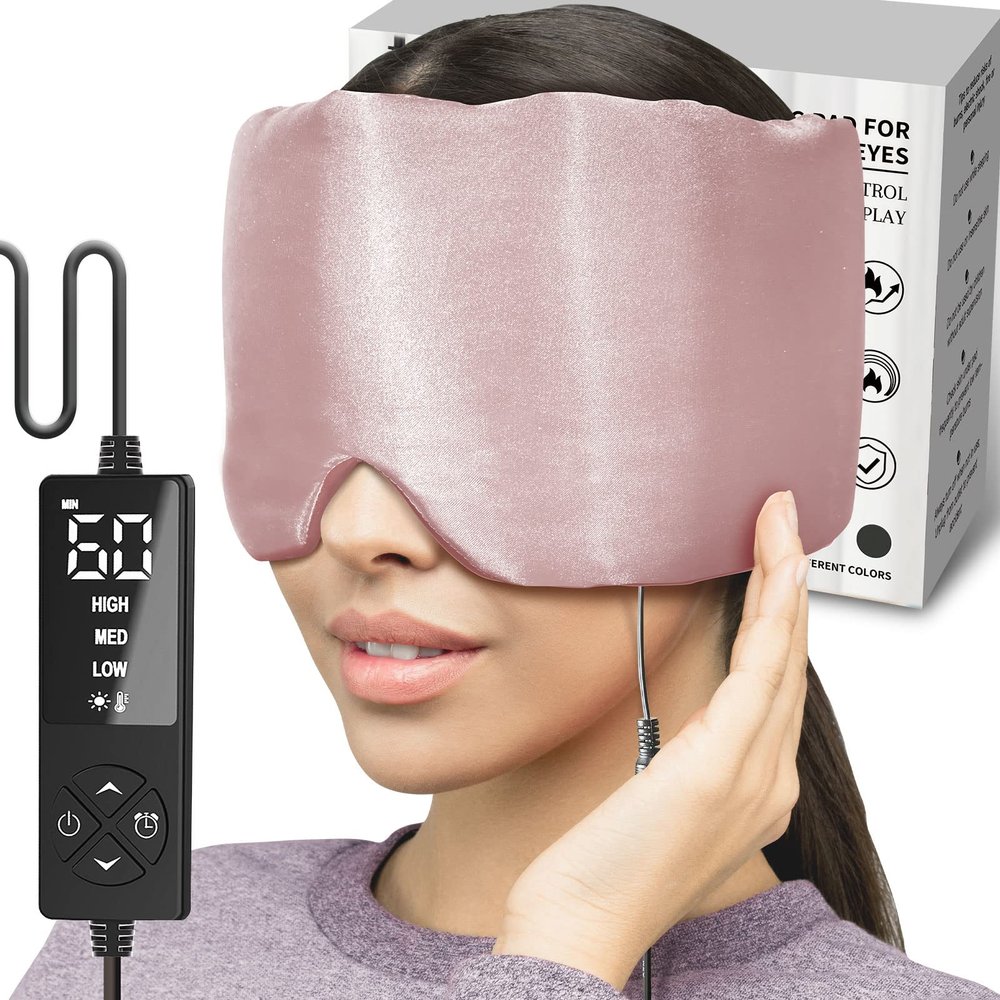 CHEROO Heated Eye Mask with Extra Large Size for Dry Eyes, Silk Like Face Heating Pad for Sinus Pressure Relief, TMJ Disorder, Migraine, Tension Headache Relief- 3 Heat & 5 Timing Settings