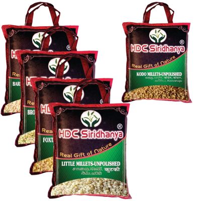 HDC Siridhanya Unpolished and Organic 5 Positive Millets (Kodo, Little, Barnyard, Foxtail and Browntop) Origin from India Unpolished and organic total 5.5lb(pounds) each 1.1pound bag