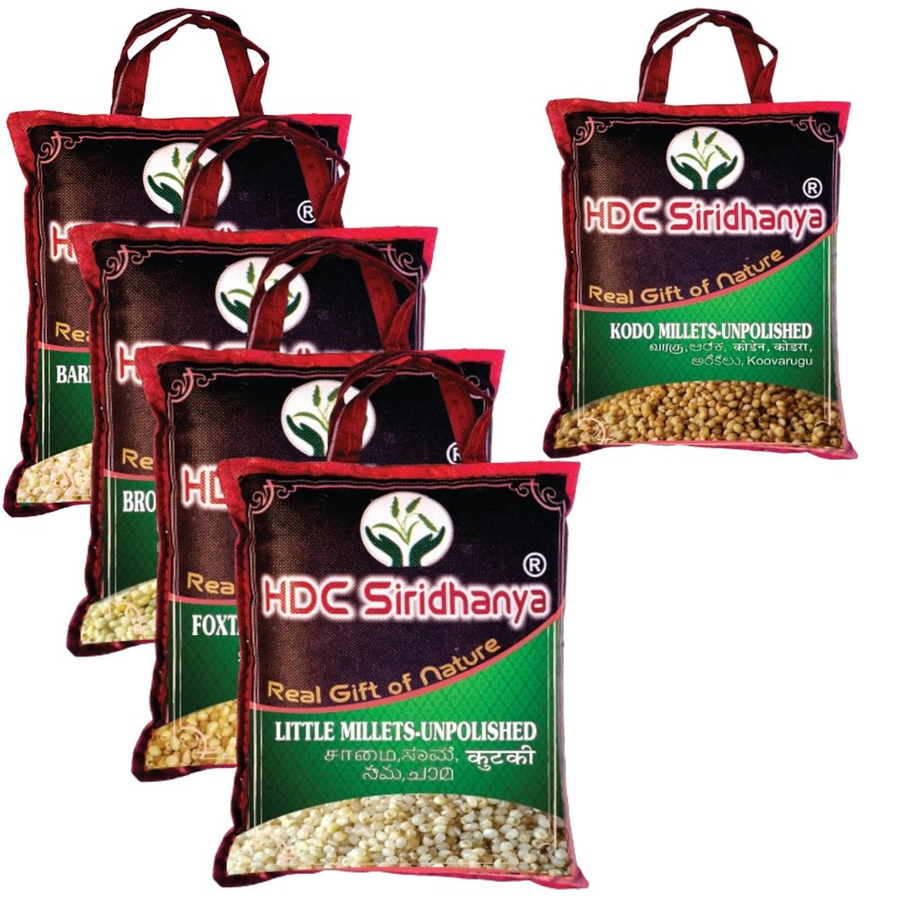HDC Siridhanya Unpolished and Organic 5 Positive Millets (Kodo, Little, Barnyard, Foxtail and Browntop) Origin from India Unpolished and organic total 5.5lb(pounds) each 1.1pound bag