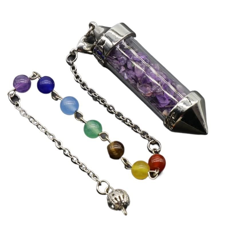 HXSCOO 7 Chakra Beads Pendulum Natural Crystal Chip Stones Healing Crystals Gemstones Wishing Bottles Double Hearts Spiritual Balancing (Color : Amethyst)