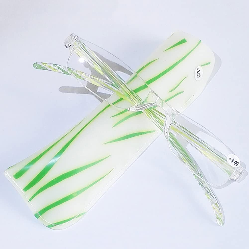 FREAZE Striped Temples Eyewear Rimless Reading Glasses Unisex Portable Eyeglasses Light Weight Readers With Glasses Case 1.0x (Color : Green, Size : 3.0+)