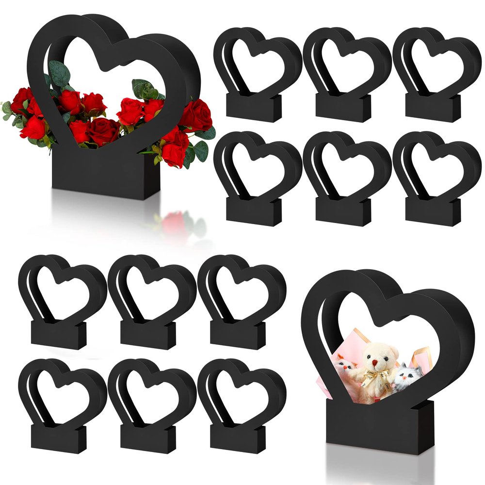 Sinmoe 12 Pcs Valentines Heart Shaped Boxes for Flowers Valentines Flower Gift Bag Wedding Empty Bouquet Gift Bags with Handle Folding Basket for Bridal Baby Shower Party Supply(Black)