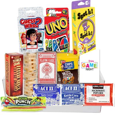 The Ultimate Game Night Gift Baskets for Family, Kids, Teens & Adults | Playing Cards & Snacks & Candy Gift Box for Teenage Birthday | Great Family Games & Movie Night or college, care package