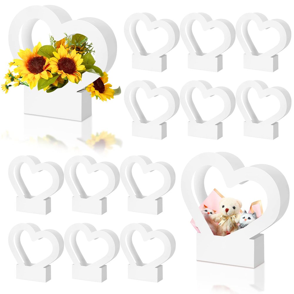 Sinmoe 12 Pcs Valentines Heart Shaped Boxes for Flowers Valentines Flower Gift Bag Wedding Empty Bouquet Gift Bags with Handle Folding Basket for Bridal Baby Shower Party Supply(White)
