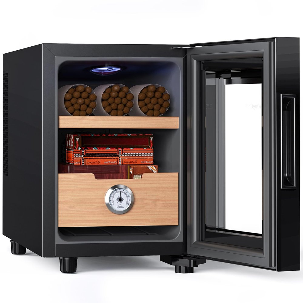 KingChii 16L Electric Cigar Humidors, Temperature Control Cabinet with Spanish Cedar Wood Shelves & Drawer Hygrometer Gifts for Men (100 Counts Capacity)