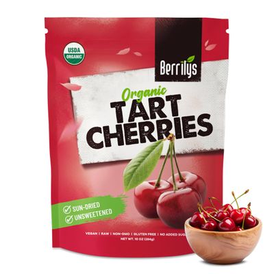 Berrilys Organic Dried Tart Cherries  Sun-Dried - Natural Flavor - Pitted Cherries for Healthy Snacking - Packed with Nutrients - Ideal for Smoothies, Baked Goods, or Treats - Resealable Bag - 10 Oz