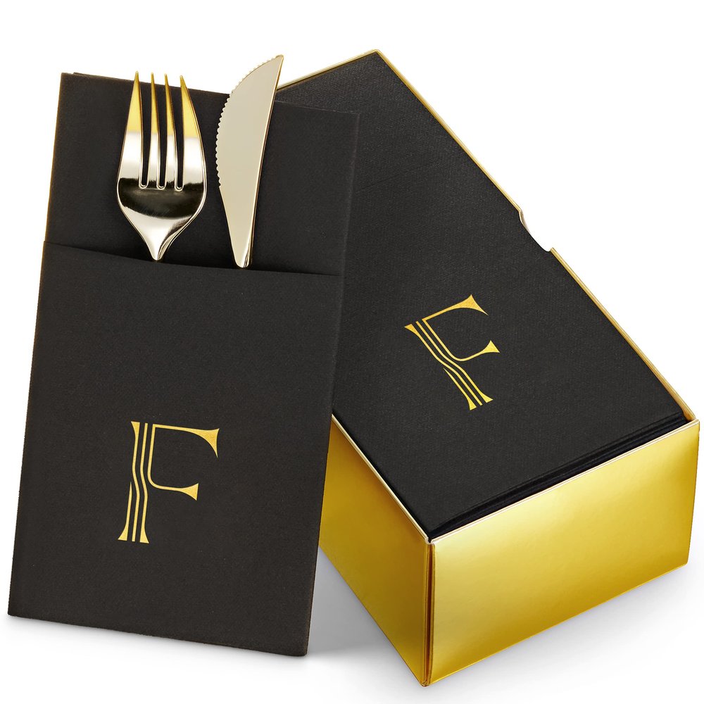 50-Pack Monogrammed Napkins Black With Pocket For Flatware, 16" x 16" Gold Foil Letter F Disposable Linen-Feel Napkins, Prefolded Silverware Pocket Napkins For wedding, Party Or Baby Shower