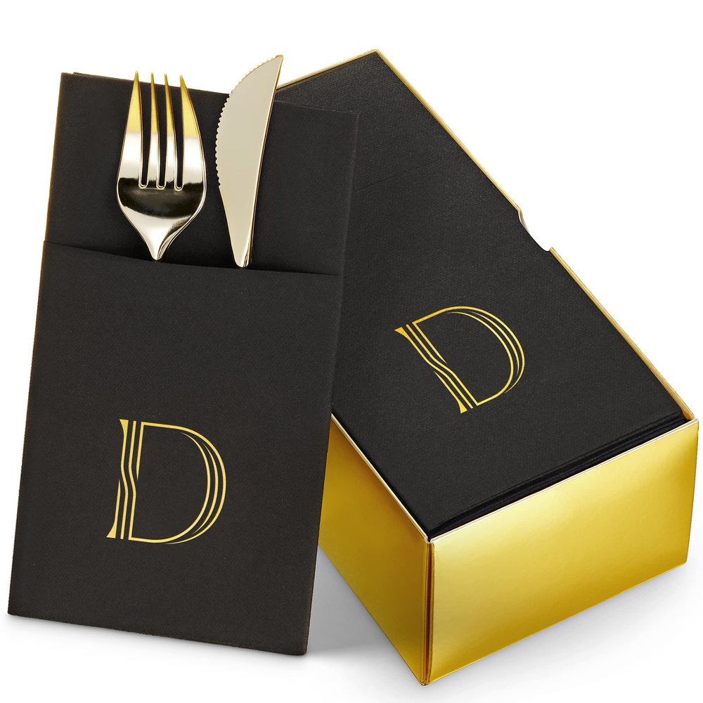 50-Pack Monogrammed Napkins Black With Pocket For Flatware, 16" x 16" Gold Foil Letter D Disposable Linen-Feel Napkins, Prefolded Silverware Pocket Napkins For wedding, Party Or Baby Shower