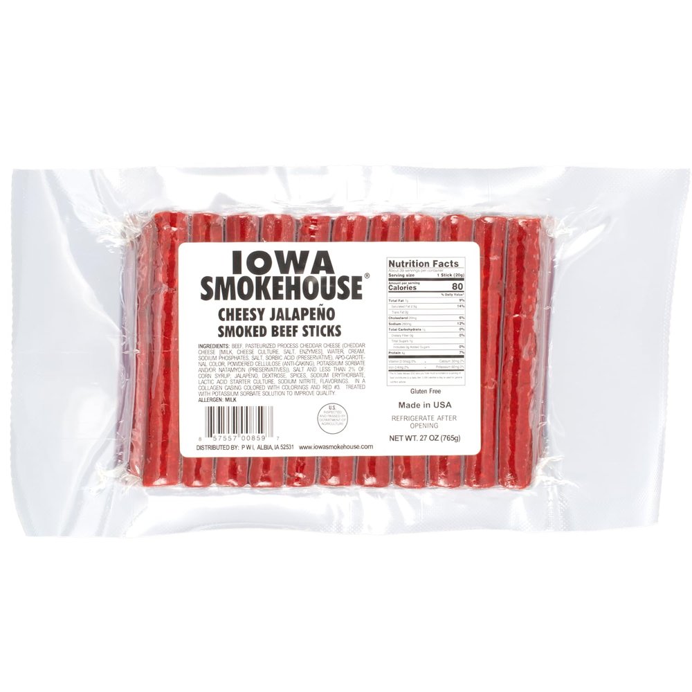 IOWA SMOKEHOUSE Smoked Beef Sticks, Cheesy Jalapeno - Protein Meat Snack - Sealed & Ready to Eat Sticks, Made in USA - 27 oz