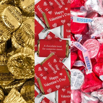 200pcs Personalized Valentine's Day Candy Party Favors Chocolate Kit, (Custom Wrapped Miniatures, Kisses, Peanut Butter Cups) - Confetti Hearts