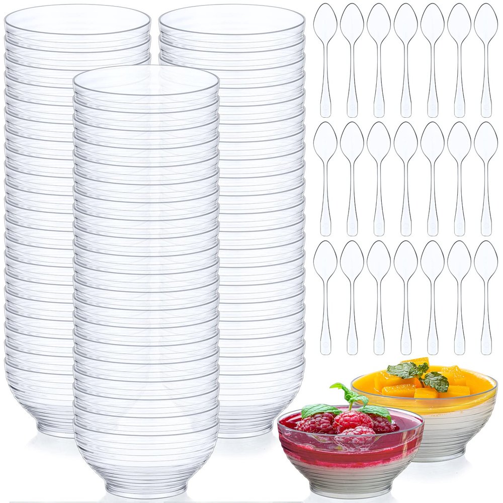 Amyhill 200 Pack 3 oz Clear Mini Plastic Bowls with 200 Pcs Spoons Disposable Ice Cream Bowls Bulk for Candy Salad Soup Snacks Weddings Party Catering Home Supplies
