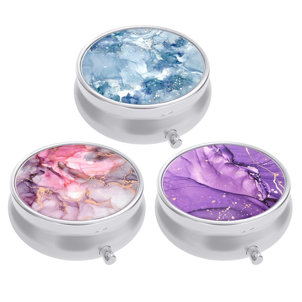 3 Pack Pill Box, Small Pill Case for Purse & Pocket, Cute Travel Medicine Organizer, Portable Medicine Container Holder to Hold Vitamins, Medication, Fish Oil & Supplement, Light Luxury Marble