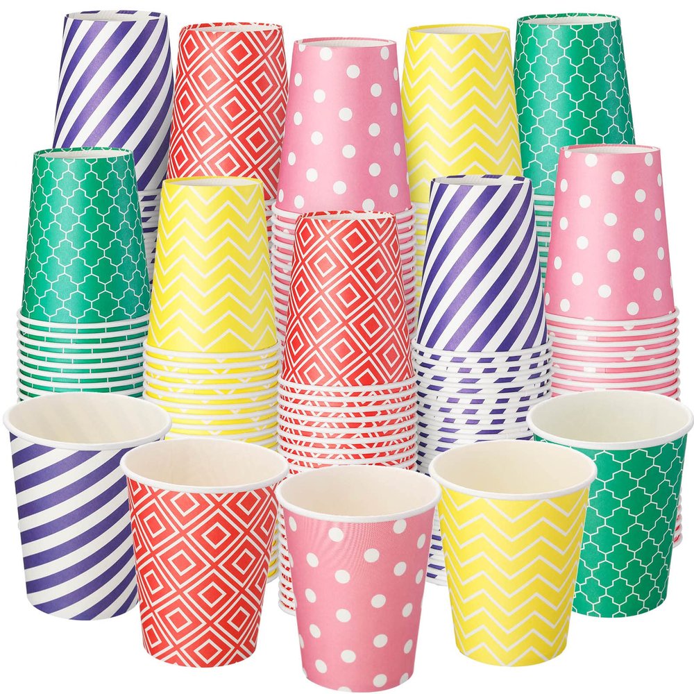 Patelai 120 Pack 9 oz Paper Cups, Multicolor Disposable Hot/cold Beverage Drinking Cups, Dot Striped Coffee Paper Glass for Party, Picnic, Travel, Events, Graduation, Wedding, Birthday