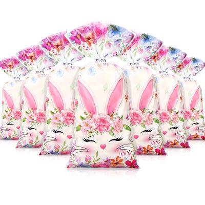 100 Pcs Bunny Birthday Cellophane Treat Bags Easter Bunny Candy Gift Bags Watercolor Flowers Goodie Bags with 100 Twist Ties for Girls Baby Shower Spring Themed Party Favor Supplies