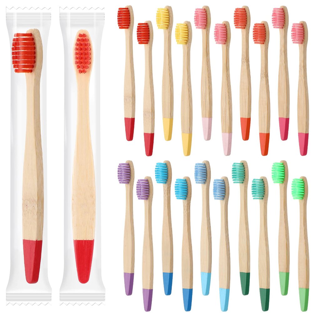 Heentan 20 Pieces Kids Bamboo Soft Bristles Toothbrushes Toddler Toothbrush Manual Travel Toothbrushes for Kids Children Home School Travel Teeth Oral Dental Care, 5.7 Inch, Individually Wrapped