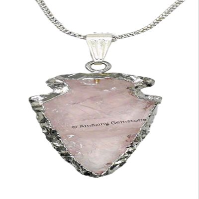 Amazing Gemstone Rose Quartz Arrowhead Necklace for Men Women - Men's Necklaces Arrow Heads Healing Crystal Necklace - Gifts for Men, Teen Boys - Stocking Stuffers for Men (Silver Edged)