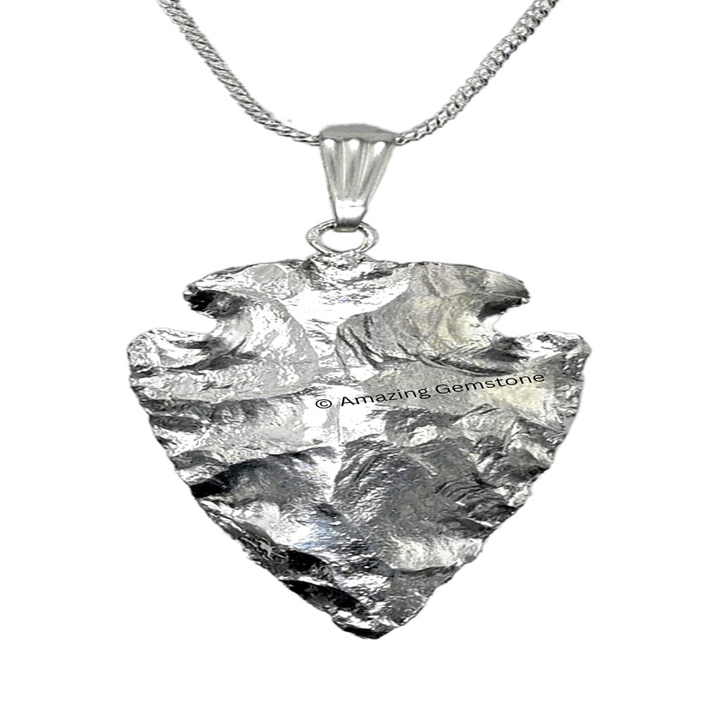 Amazing Gemstone Silver Coated Fancy Jasper Arrowhead Necklace - Men's & Women's Arrowhead Necklace - Gifts for Men, Teen Boys - Stocking Stuffers