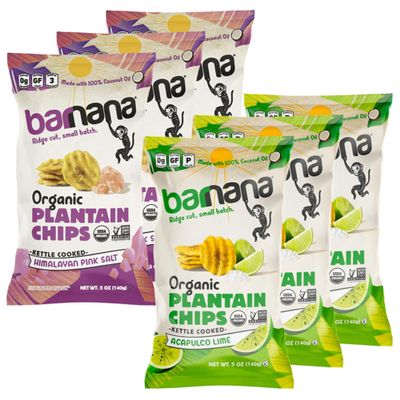 Barnana - Plantain Chips, 2-Flavor Variety Pack, Himalayan Sea Salt + Acapulco Lime, w/ 100% Coconut Oil, Non-GMO, Potato Chip Alternative, Paleo, USDA Organic, Vegan (5oz, 6-Pack)