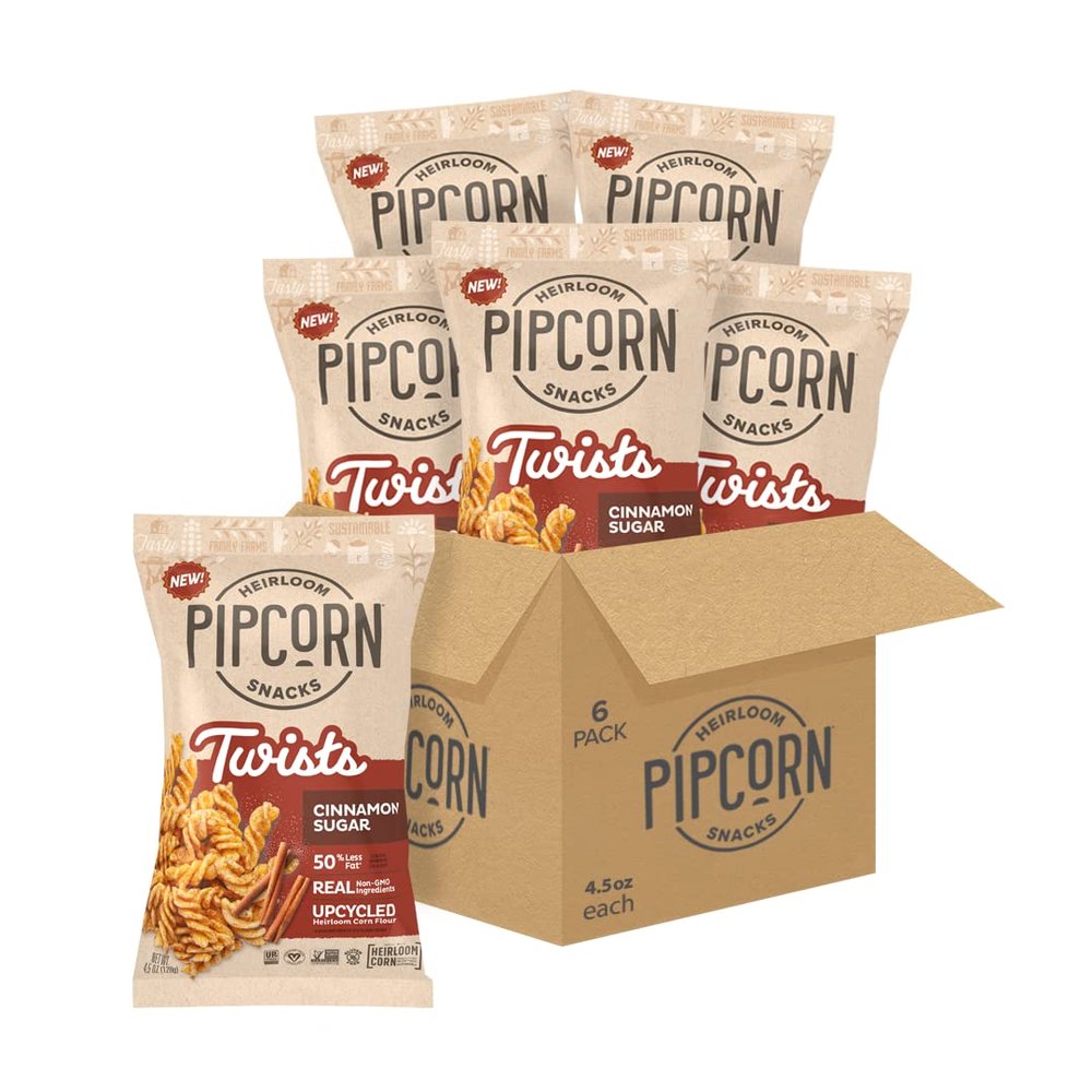 Heirloom Cinnamon Sugar Twists by Pipcorn - 4.5oz 6pk - Healthy Snacks, Gluten Free Snacks, Upcycled Heirloom Corn Flour, Cinnamon Sugar