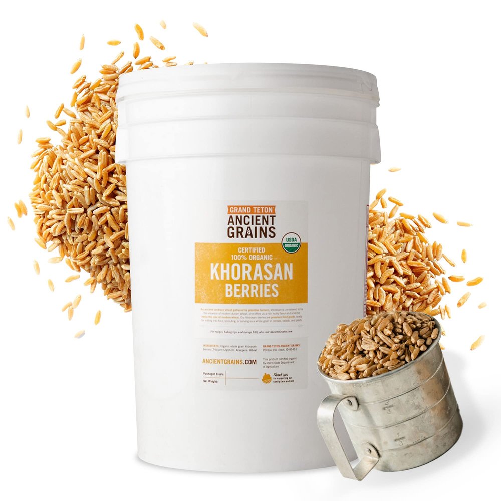 Grand Teton - Ancient Grains Khorasan Wheat Berries, 100% Organic Berries, Premium Food-Grade Khorasan Grain, For Milling, Sprouting, Baking, Salads, Pilafs, & Soups, 43 lbs