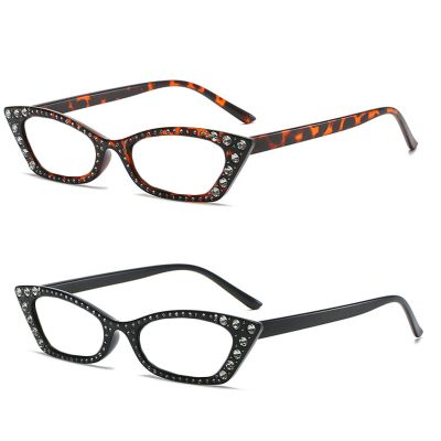 willochra 2pcs Small frame Cat Eye Reading Glasses Bling Rhinestone Magnified Blue Light Blocking Reader Glasses UV400 (2pcs-black&leopard, 1.5, multiplier_x)