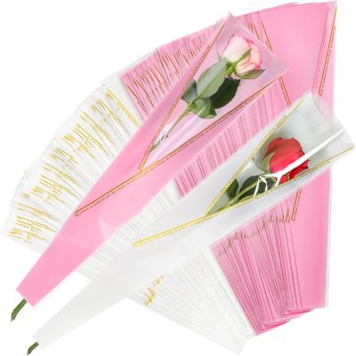 yarlung 300 Pack Single Rose Sleeves Bags, White and Pink Flower Packaging Gift for Valentine's Day, Gold Edge Florist Bouquet Wrapping Cellophane for Mother's Day, Wedding, Birthday