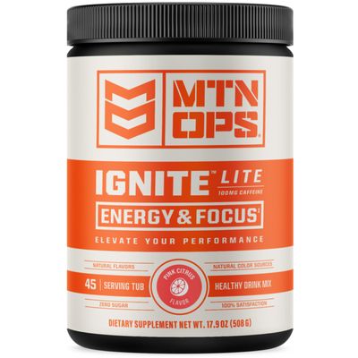 MTN OPS Ignite Lite Energy Drink Powder Gluten Free Nitric Oxide Supplement Drink Mix, L Arginine, L Citrulline, Caffeine & Nootropic Sugar Free Drink Mix, 45 Servings, Pink Citrus