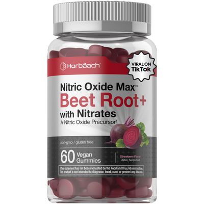 Horbach Nitric Oxide Beet Root Gummies | 60 Chews| with Nitrates, Vitamin C & Black Pepper | for Men & Women | Strawberry Flavor | Vegan, Non-GMO, Gluten Free Supplement