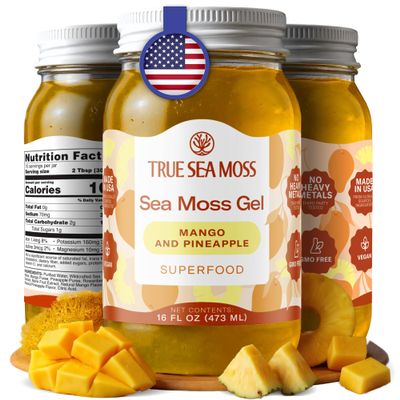 TrueSeaMoss Sea Moss Gel Made in USA Wildcrafted Seamoss, Fruits & Jarred Vegetables Mango/Pineapple, Pack of 1 (Labels may Vary)