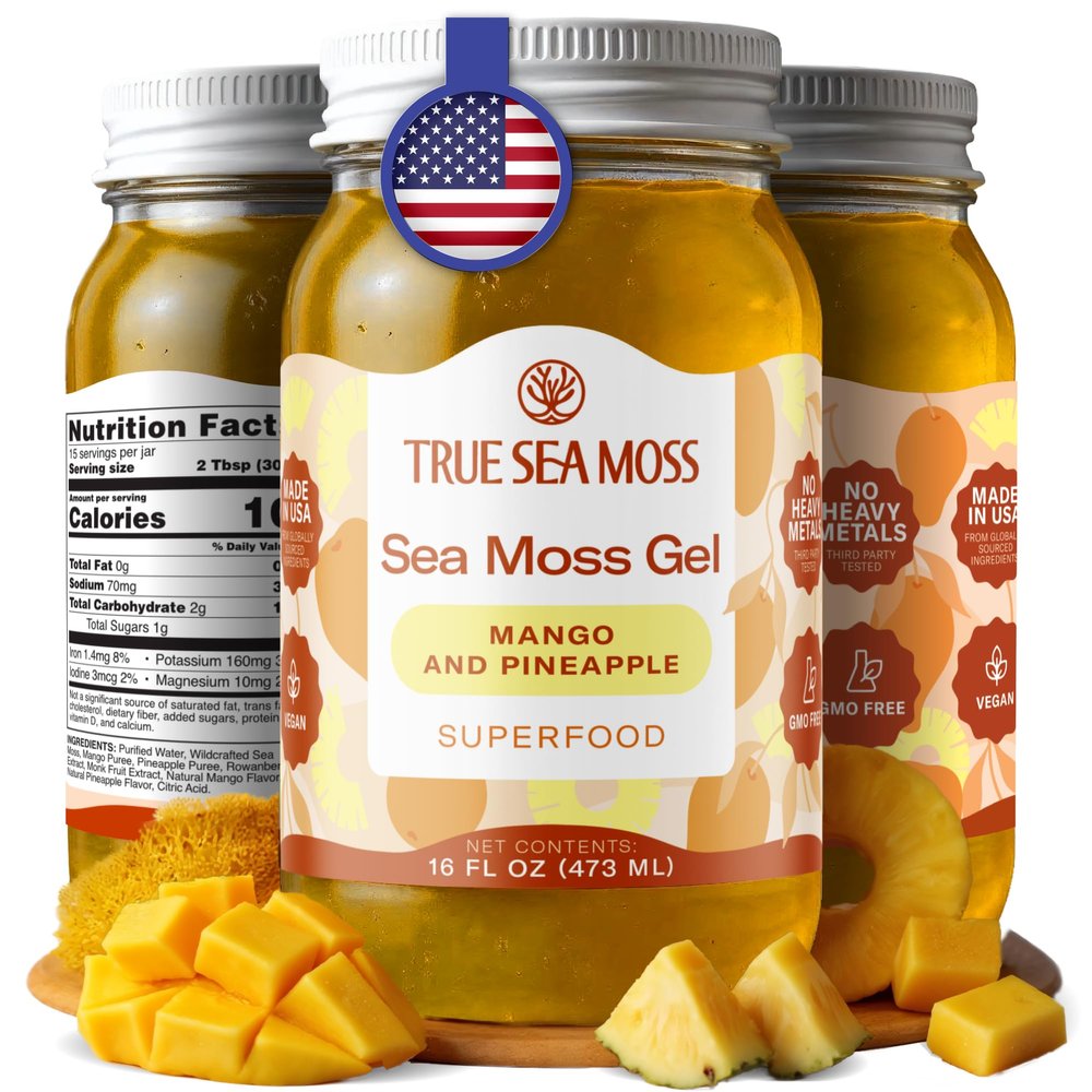 TrueSeaMoss Sea Moss Gel Made in USA Wildcrafted Seamoss, Fruits & Jarred Vegetables Mango/Pineapple, Pack of 1 (Labels may Vary)