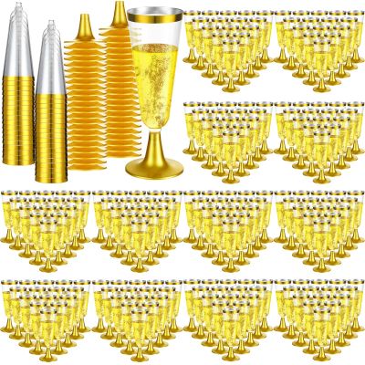 Rtteri 300 Pcs Plastic Champagne Flute 4.5 oz Disposable Champagne Wine Glasses Plastic Toasting Glasses for Wedding Engagement Birthday Graduation Anniversary Parties(Gold Rim)