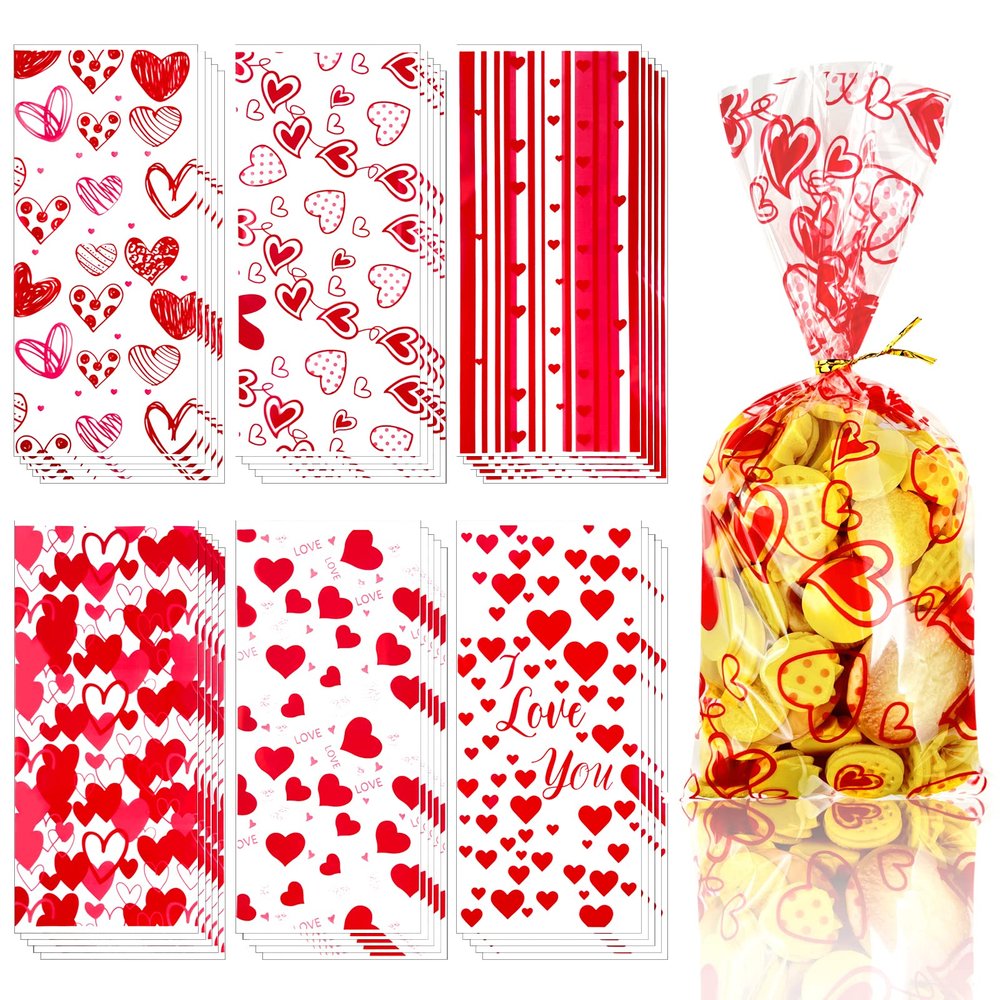 Bnsikun 100Pcs Valentine Cellophane Gift Bags Treat Bags Candy Bags, 6 Assorted Styles Love Heart Treat Bags with Gold Twist Ties for Valentine's Day Party Supplies (Red)