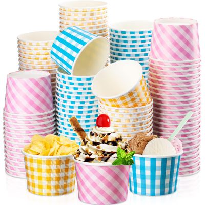 Gerrii 120 Pieces 9 oz Gingham Disposable Paper Cups Ice Cream Cups Bulk Gingham Party Supplies Buffalo Plaid Treat Paper Cup Snack Sundae Dessert Bowls for Hot Cold Food Holiday Picnic Birthday