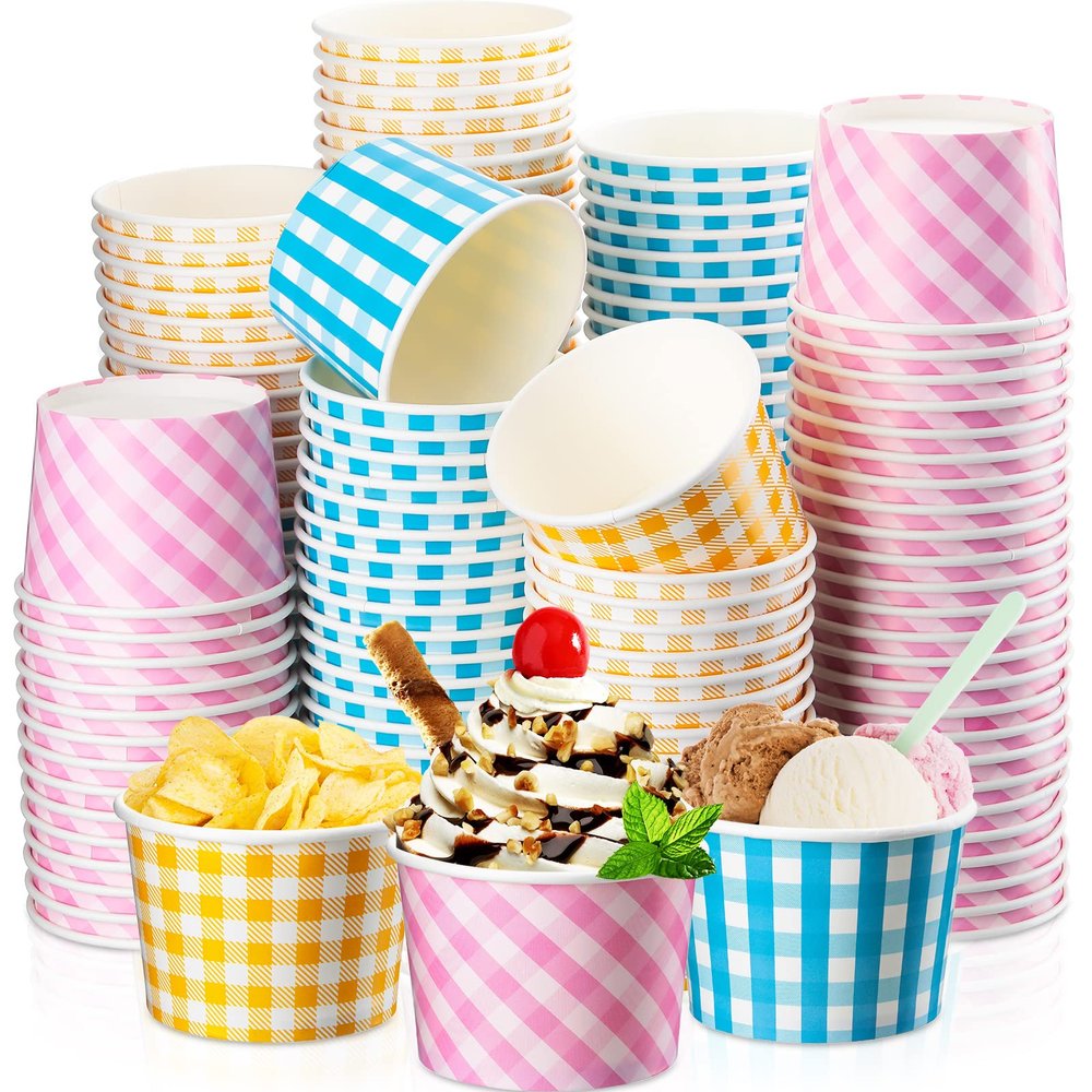 Gerrii 120 Pieces 9 oz Gingham Disposable Paper Cups Ice Cream Cups Bulk Gingham Party Supplies Buffalo Plaid Treat Paper Cup Snack Sundae Dessert Bowls for Hot Cold Food Holiday Picnic Birthday