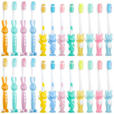 Patelai 24 Pcs Toddler Toothbrush for Age 2 up, Kids Toothbrush Set with Covers, Soft Children Manual Brushes Bulk with Suction Cup for Upright Storage, Rabbits and Bears Brushes for Travel