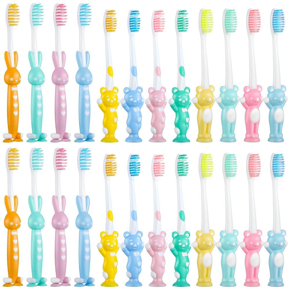 Patelai 24 Pcs Toddler Toothbrush for Age 2 up, Kids Toothbrush Set with Covers, Soft Children Manual Brushes Bulk with Suction Cup for Upright Storage, Rabbits and Bears Brushes for Travel