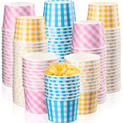 Gerrii 60 Pieces 9 oz Gingham Disposable Paper Cups Ice Cream Cups Bulk Gingham Party Supplies Buffalo Plaid Treat Paper Cup Snack Sundae Dessert Bowls for Hot Cold Food Holiday Picnic Birthday