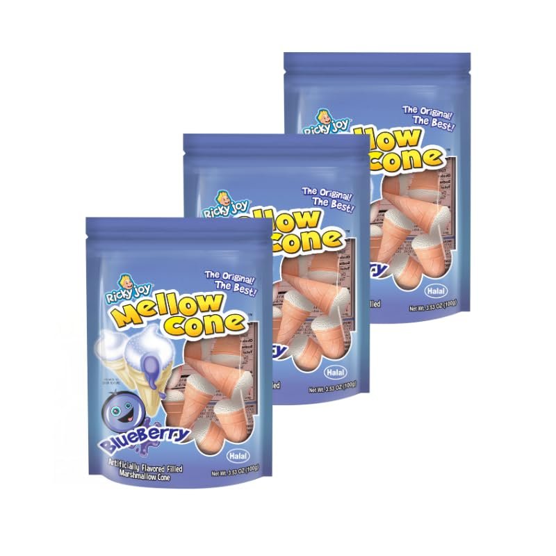 Ricky Joy Mellow Cone Jelly Filled Marshmallow Cones, 3.53 oz Bag (Pack of 3) (Blueberry)