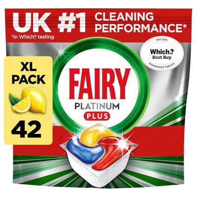 Fairy Platinum Plus Dishwasher Tablets  42 Pack, Lemon, Anti-Dull Technology