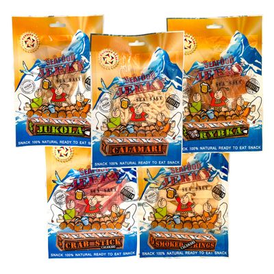 CANTINA STAR Beer Party Set | Fish and Calamari Jerky (Dried) | Rybka Spicy, Jukola, Crab Sticks, Smoked Rings, Calamari | 2.8oz - 5 Count