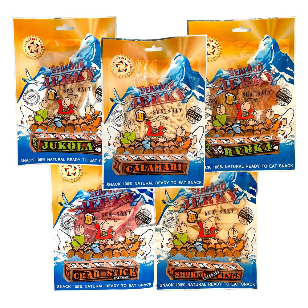 CANTINA STAR Beer Party Set | Fish and Calamari Jerky (Dried) | Rybka Spicy, Jukola, Crab Sticks, Smoked Rings, Calamari | 2.8oz - 5 Count