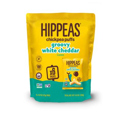 HIPPEAS Chickpea Puffs, Groovy White Cheddar, Gluten Free Snacks, Dairy Free, Vegan, 0.8oz, Pack of 6, 3g Protein, 2g Fiber, Crunchy, Nutritious, Baked Plant Protein Snack, Non-GMO, Kosher