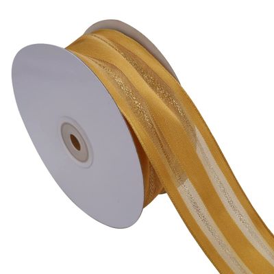 YASECO 38mm Wired Edge Gold Striped Satin Organza Sheer Ribbon for Christmas Decor Gift Wrap Bows for Crafts Decorate Lace (Color : 2065, Size : 5 Yards)