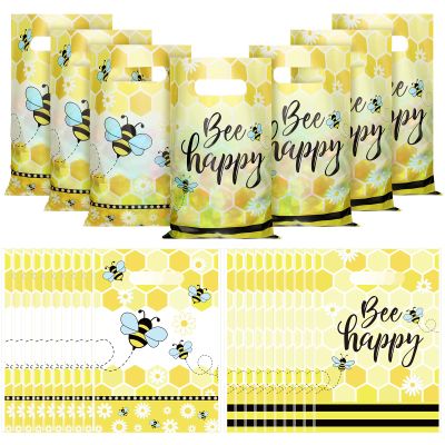100 Yellow Honey Bee Theme Treat Bags with Handles - Bee Pattern Plastic Goodie Bags for Baby Shower, Gender Reveal & Birthday Party