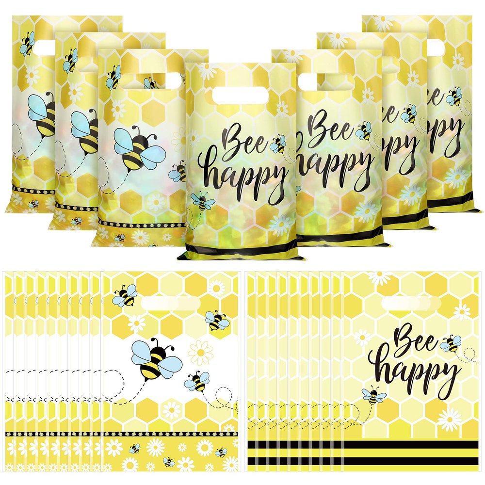 100 Yellow Honey Bee Theme Treat Bags with Handles - Bee Pattern Plastic Goodie Bags for Baby Shower, Gender Reveal & Birthday Party