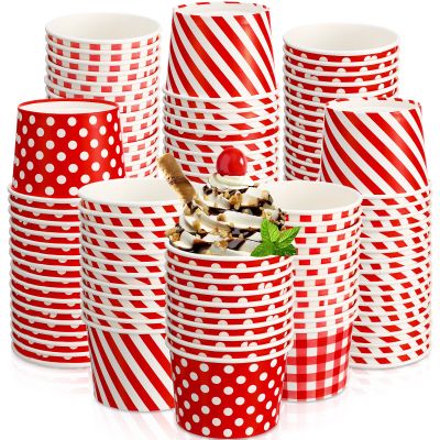 Zubebe 60 Pieces 9 oz Paper Ice Cream Cups Dot Striped Gingham Snack Paper Red Ice Cream Bowls Disposable Party Bowls Soup Cups Dessert Yogurt for Sundae Hot or Cold Food for Parties, BBQ, Events