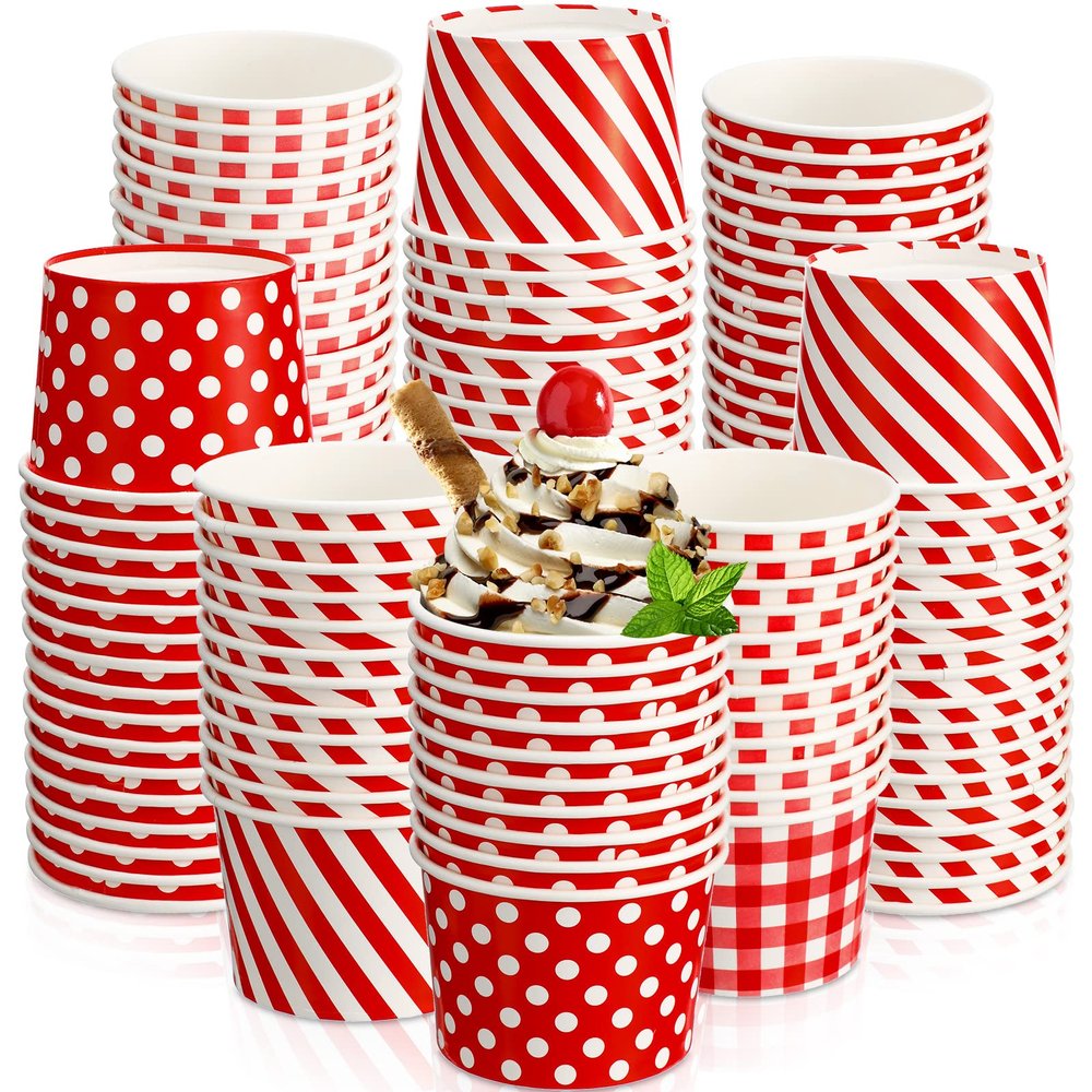 Zubebe 60 Pieces 9 oz Paper Ice Cream Cups Dot Striped Gingham Snack Paper Red Ice Cream Bowls Disposable Party Bowls Soup Cups Dessert Yogurt for Sundae Hot or Cold Food for Parties, BBQ, Events