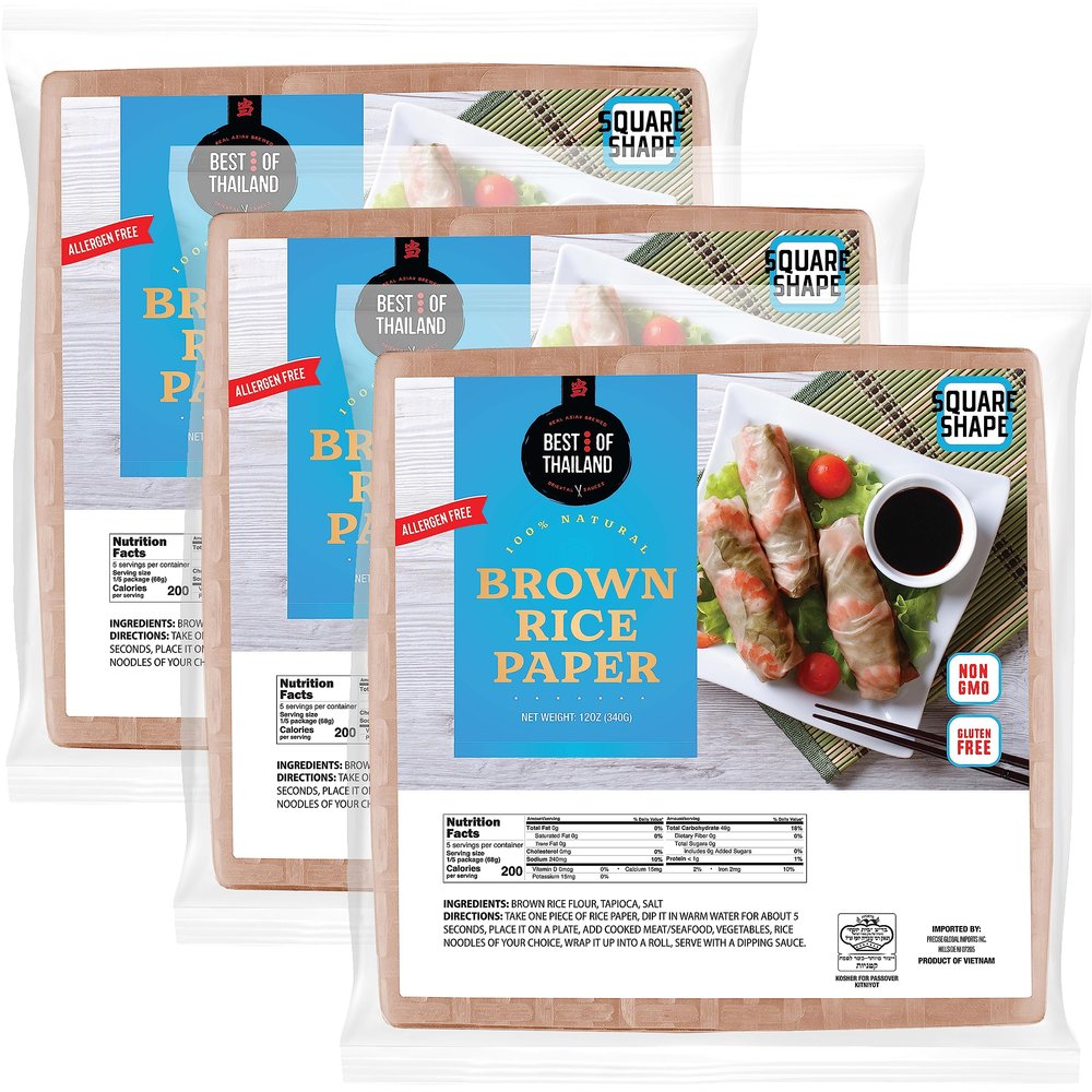 Best of Thailand [Square] Brown Rice Paper Wraps 3 Pack | Perfect for Fresh Spring Rolls & Dumplings | Non-GMO, Gluten-Free, Vegan & Paleo | Kosher for Passover Kitniyot