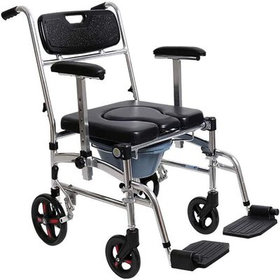 BLOHDI Toilet Chair Shower Commode Chair with Wheels - Waterproof Aluminum Portable Foldable Bedside Commode Bath Toilet Shower Wheelchair with Handbrakes