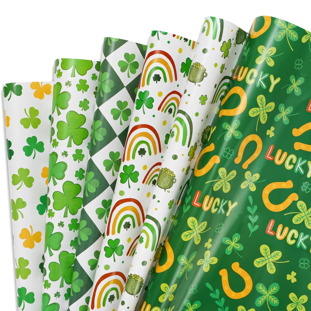 AnyDesign 12 Sheet St. Patrick's Day Wrapping Paper 6 Design Green Lucky Shamrock Rainbow Print Wrapping Paper Decorative Art Paper for Holiday Party Celebration, 19.7 x 27.6 Inch, Folded Flat